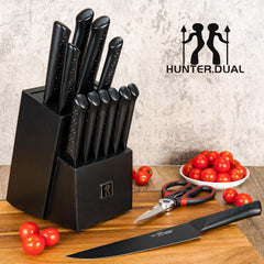 Knife Sets for Kitchen with Block, HUNTER.DUAL 15 Piece Knife Set with Built-in Sharpener, Dishwasher Safe, German Stainless Steel, Black