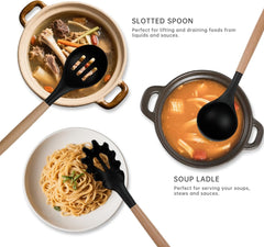 Silicone Cooking Utensils Set 10 Pcs - BPA Free Kitchen Utensil Set with Heat-Resistant Wood Handles, Non-Scratch Spatula Set Safe for Nonstick Cookware (Black)