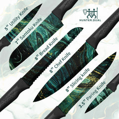 HUNTER.DUAL Knife Set, 12-PC Colorful Kitchen Knife Set, 6 Sharp Kitchen Knives with Covers for Cooking, Cutting&Chopping, Greenstone