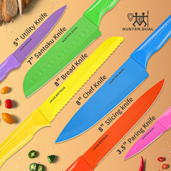 HUNTER.DUAL Knife Set, 12-PC Colorful Kitchen Knife Set, 6 Sharp Kitchen Knives with Built-in Sharpener Covers for Cooking, Cutting&Chopping (Multicolor)