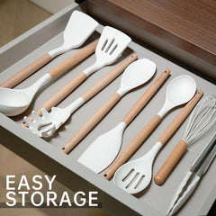 Silicone Cooking Utensils Set 10 Pcs - BPA Free Kitchen Utensil Set with Heat-Resistant Wood Handles, Non-Scratch Spatula Set Safe for Nonstick Cookware (White)