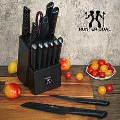 Knife Sets for Kitchen with Block, HUNTER.DUAL 15 Piece Knife Set with Built-in Sharpener, Dishwasher Safe, German Stainless Steel, Black
