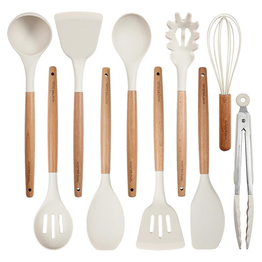Silicone Cooking Utensils Set 10 Pcs - BPA Free Kitchen Utensil Set with Heat-Resistant Wood Handles, Non-Scratch Spatula Set Safe for Nonstick Cookware (White)