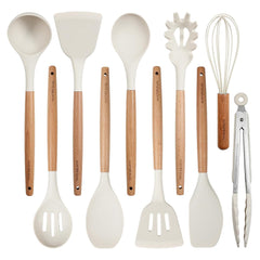 Silicone Cooking Utensils Set 10 Pcs - BPA Free Kitchen Utensil Set with Heat-Resistant Wood Handles, Non-Scratch Spatula Set Safe for Nonstick Cookware (White)