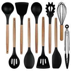 Silicone Cooking Utensils Set 10 Pcs - BPA Free Kitchen Utensil Set with Heat-Resistant Wood Handles, Non-Scratch Spatula Set Safe for Nonstick Cookware (Black)