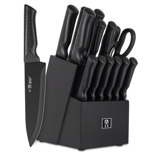 Knife Set, 15 Pcs Kitchen Knife Set with Block Self Sharpening, Dishwasher Safe, 6 Steak Knives, Anti-slip handle, Black
