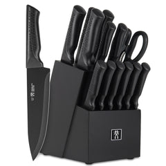 Knife Set, 15 Pcs Kitchen Knife Set with Block Self Sharpening, Dishwasher Safe, 6 Steak Knives, Anti-slip handle, Black