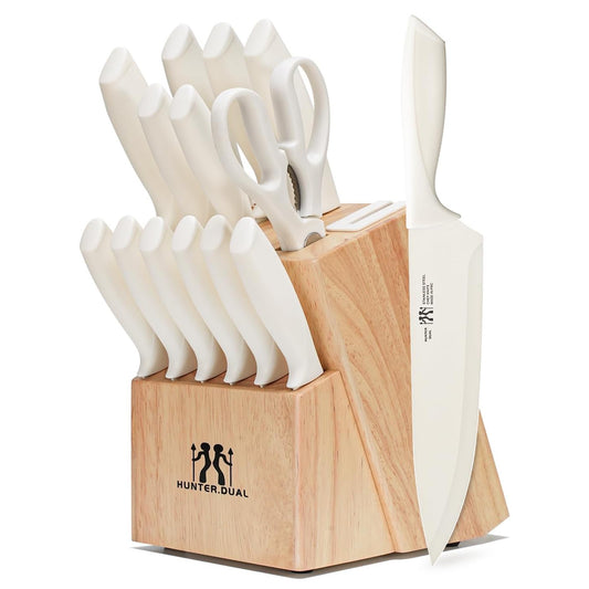 Knife Set, HUNTER.DUAL 15 Pcs Kitchen Knife Set with Block Self Sharpening, Dishwasher Safe, Anti-slip Handle (Beige)