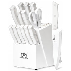 Knife Set, HUNTER.DUAL 15 Piece Kitchen Knife Set with Block and Built-in sharpener, Dishwasher Safe, Anti-slip Handle, White