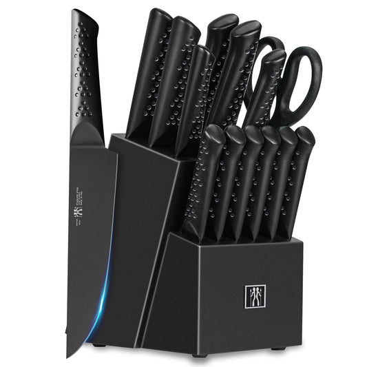 Knife Sets for Kitchen with Block, HUNTER.DUAL 15 Piece Knife Set with Built-in Sharpener, Dishwasher Safe, German Stainless Steel, Black