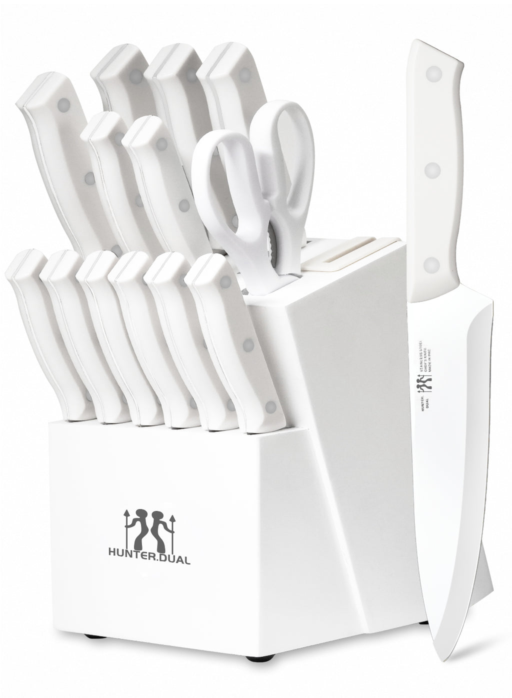 Knife Set, HUNTER.DUAL 15 Piece Kitchen Knife Set with Block and Built-in sharpener, Dishwasher Safe, Anti-slip Handle, White