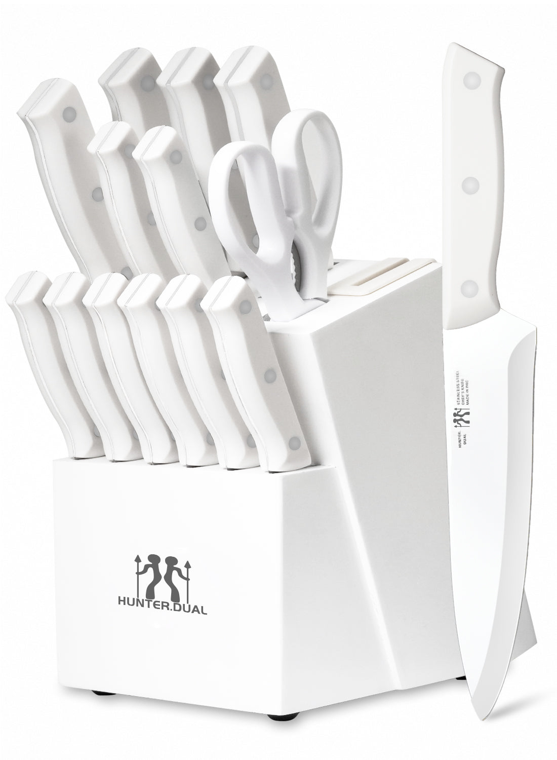 Knife Set, HUNTER.DUAL 15 Piece Kitchen Knife Set with Block and Built-in sharpener, Dishwasher Safe, Anti-slip Handle, White