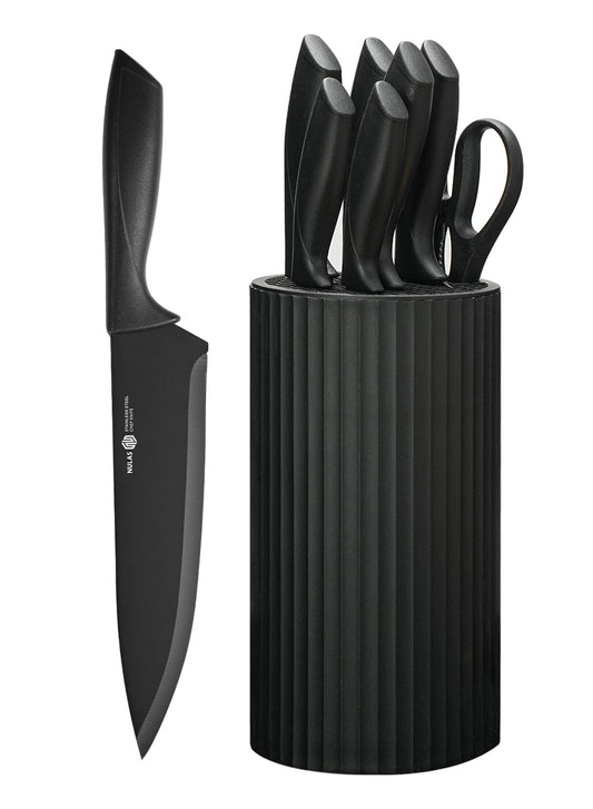 Knife Set, 8-Piece Kitchen Knife Set for Chef, Sharp Knife Set with Universal Knife Block, Anti-Rust Kitchen Knife Block Set, Ergonomical Design (Black)