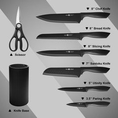 Knife Set, 8-Piece Kitchen Knife Set for Chef, Sharp Knife Set with Universal Knife Block, Anti-Rust Kitchen Knife Block Set, Ergonomical Design (Black)