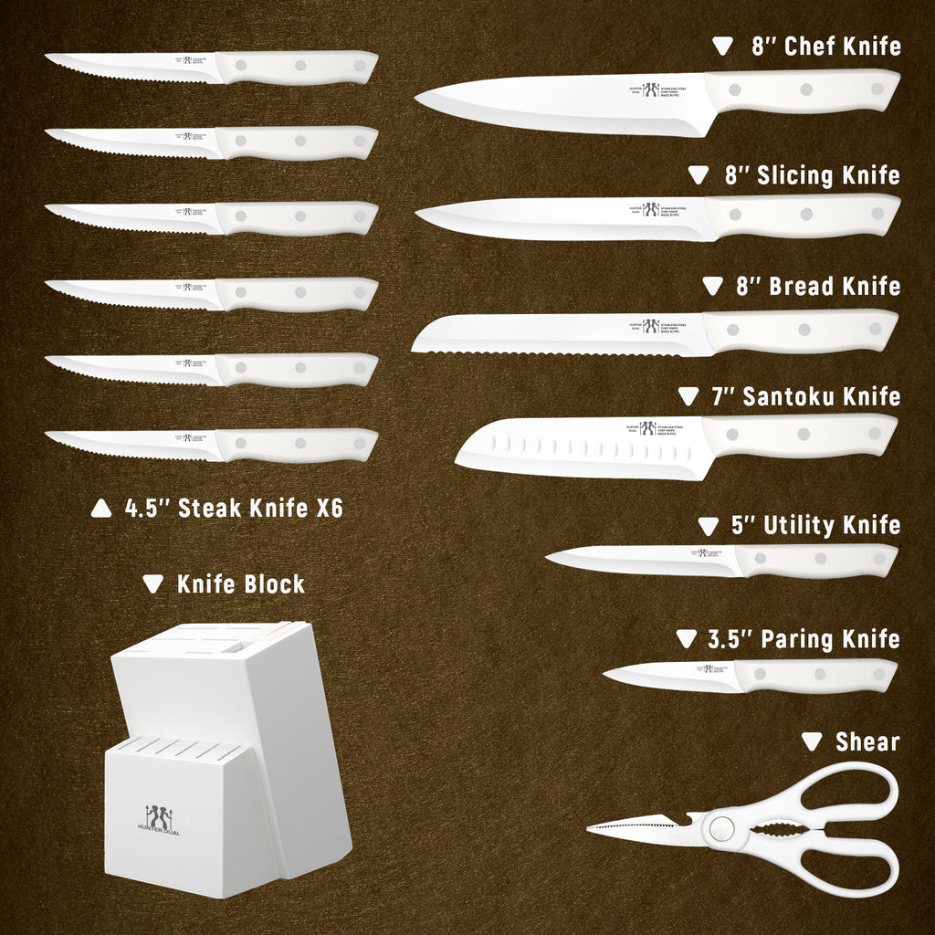 Knife Set, HUNTER.DUAL 15 Piece Kitchen Knife Set with Block and Built-in sharpener, Dishwasher Safe, Anti-slip Handle, White