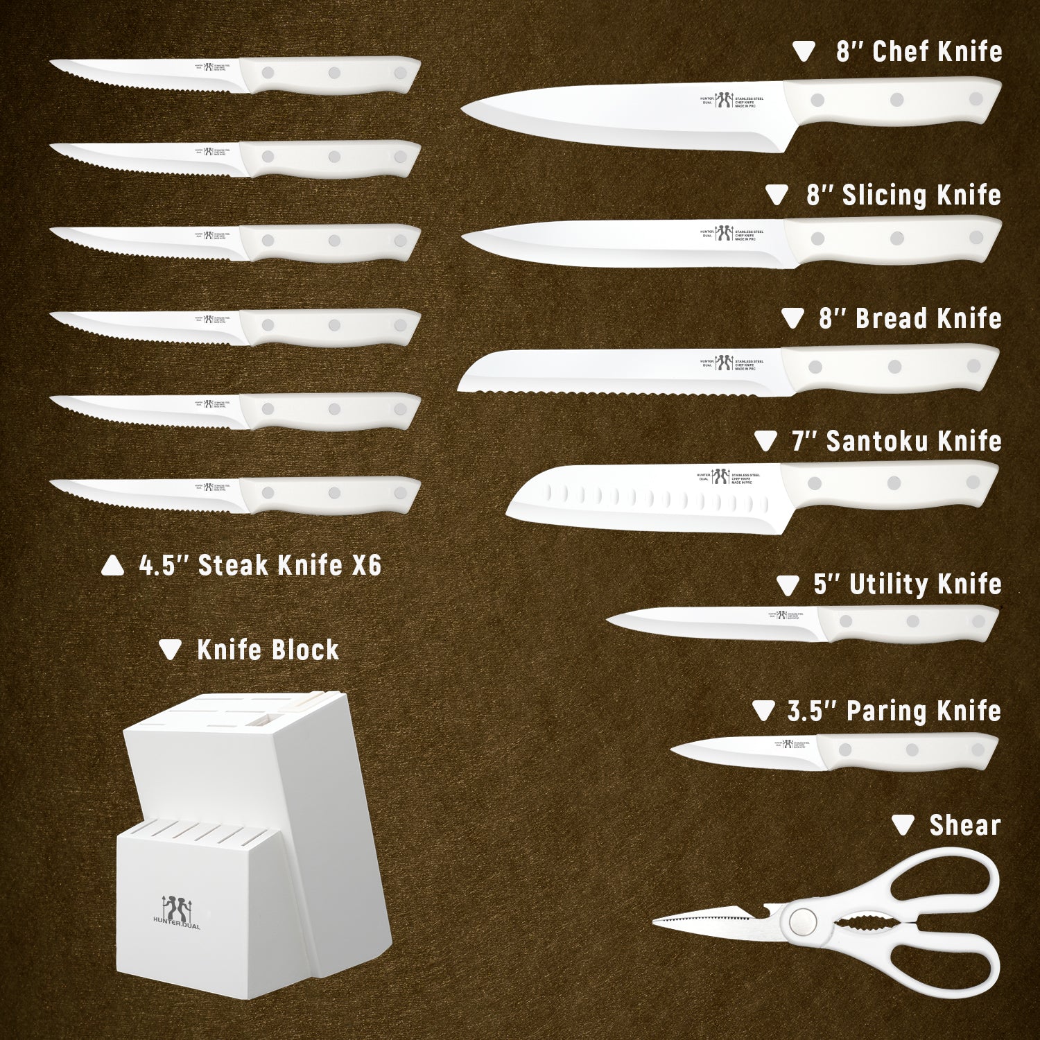 Knife Set, HUNTER.DUAL 15 Piece Kitchen Knife Set with Block and Built-in sharpener, Dishwasher Safe, Anti-slip Handle, White