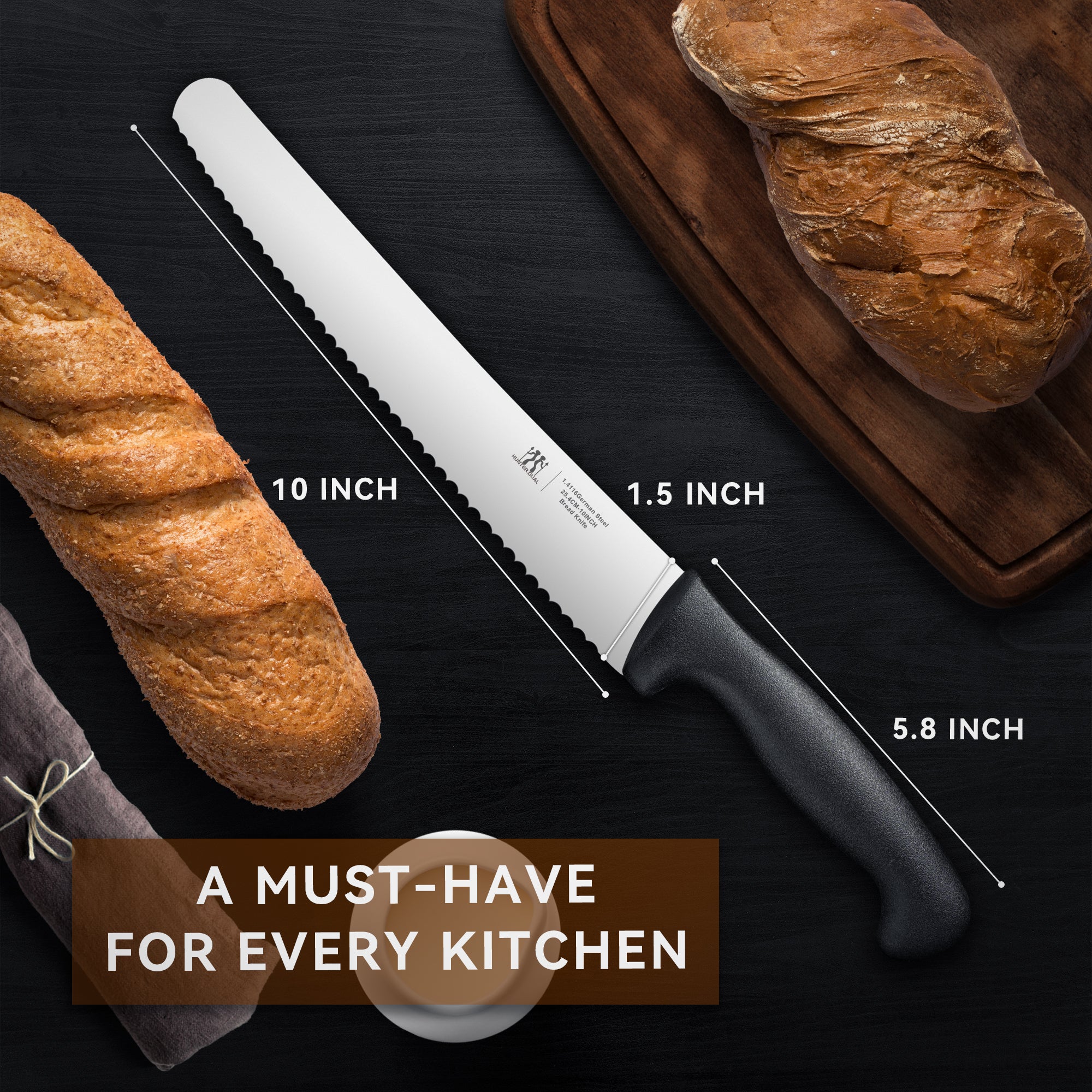 Bread Knife, 10 inch Serrated Sourdough Slicer Cutter for Homemade Bread, 1.4116 German Steel, Ergonomic Anti-slip Handle (Black, 10 inch)