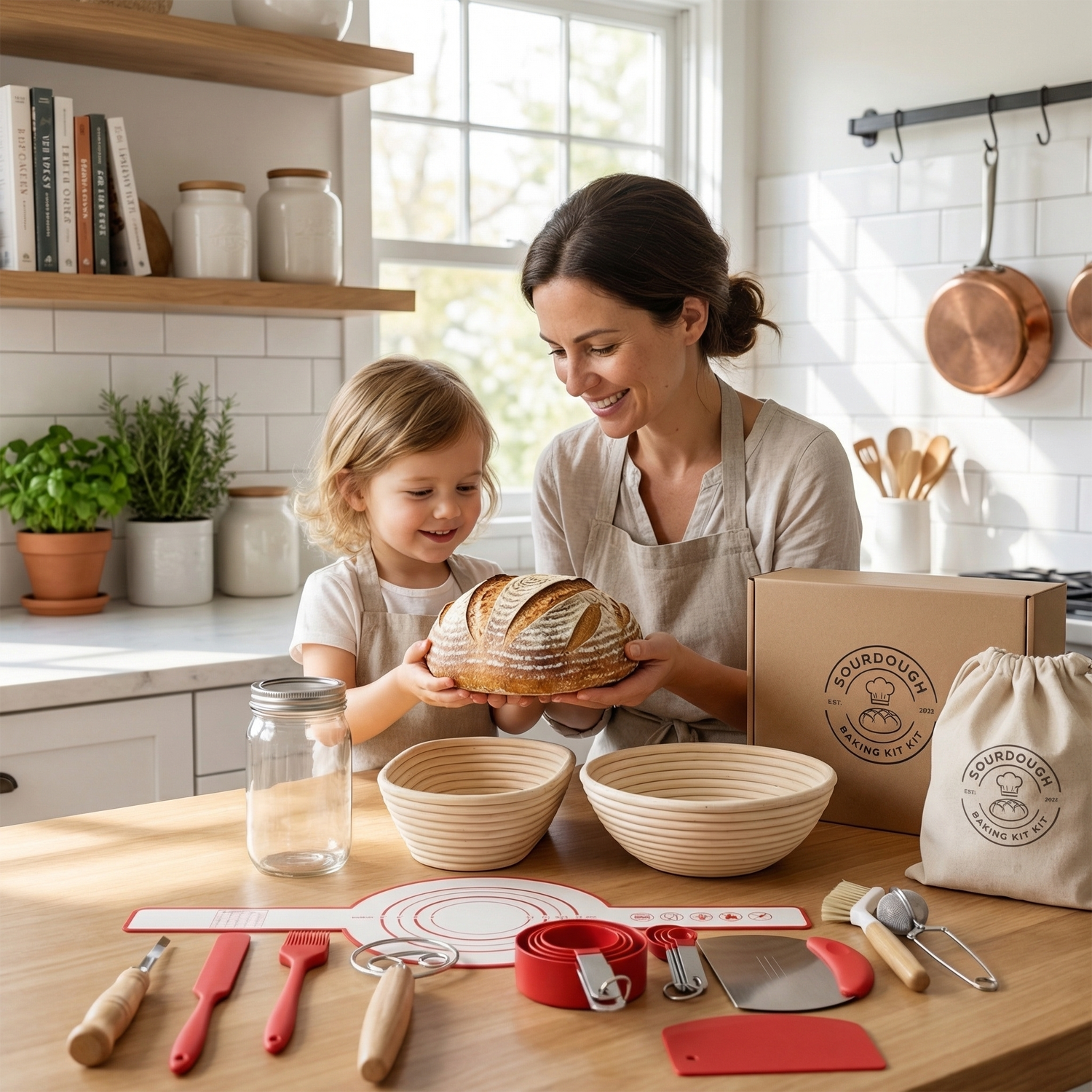 Sourdough Starter Kit with Round & Oval Banneton Proofing Baskets, Bread Baking Supplies Set including Sourdough Jar, Bread Sling, Dough Whisk, and Scrapers