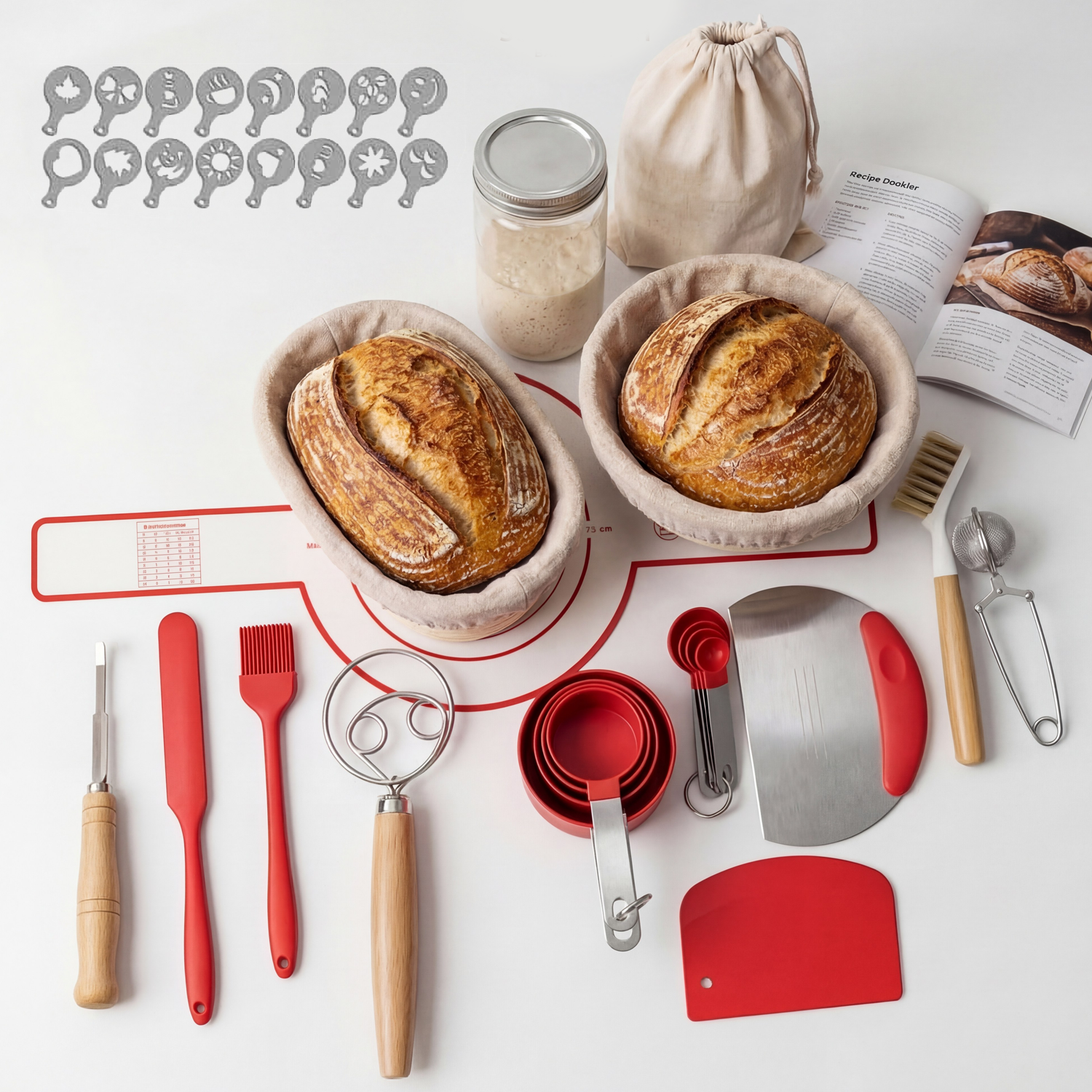 Sourdough Starter Kit with Round & Oval Banneton Proofing Baskets, Bread Baking Supplies Set including Sourdough Jar, Bread Sling, Dough Whisk, and Scrapers
