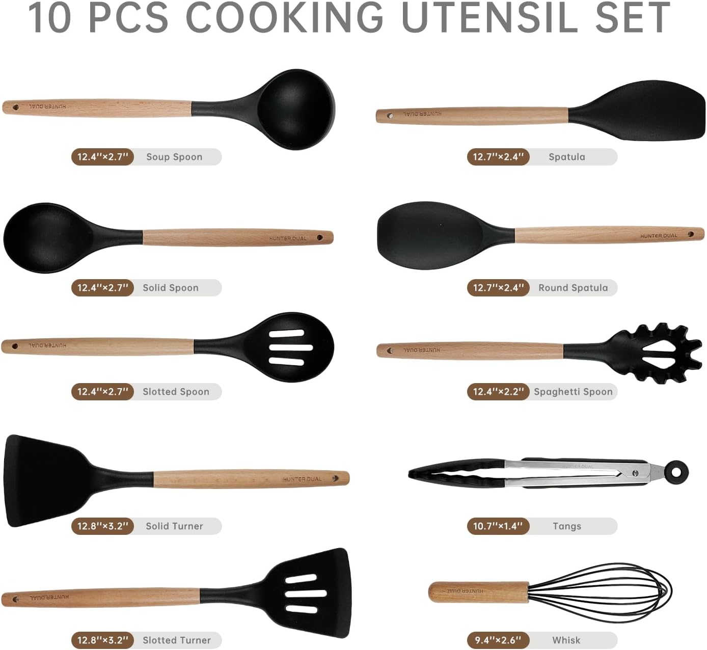 Silicone Cooking Utensils Set 10 Pcs - BPA Free Kitchen Utensil Set with Heat-Resistant Wood Handles, Non-Scratch Spatula Set Safe for Nonstick Cookware (Black)