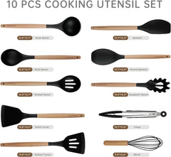 Silicone Cooking Utensils Set 10 Pcs - BPA Free Kitchen Utensil Set with Heat-Resistant Wood Handles, Non-Scratch Spatula Set Safe for Nonstick Cookware (Black)