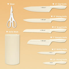 Knife Set, 8-Piece Kitchen Knife Set for Chef, Sharp Knife Set with Universal Knife Block, Anti-Rust Kitchen Knife Block Set, Ergonomical Design (White)