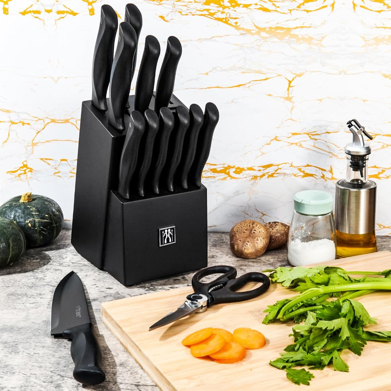 HUNTER.DUAL 15 Pcs Kitchen Knife Set with Block Self Sharpening, Dishw ...