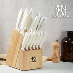 Knife Set, HUNTER.DUAL 15 Pcs Kitchen Knife Set with Block Self Sharpening, Dishwasher Safe, Anti-slip Handle (Beige)