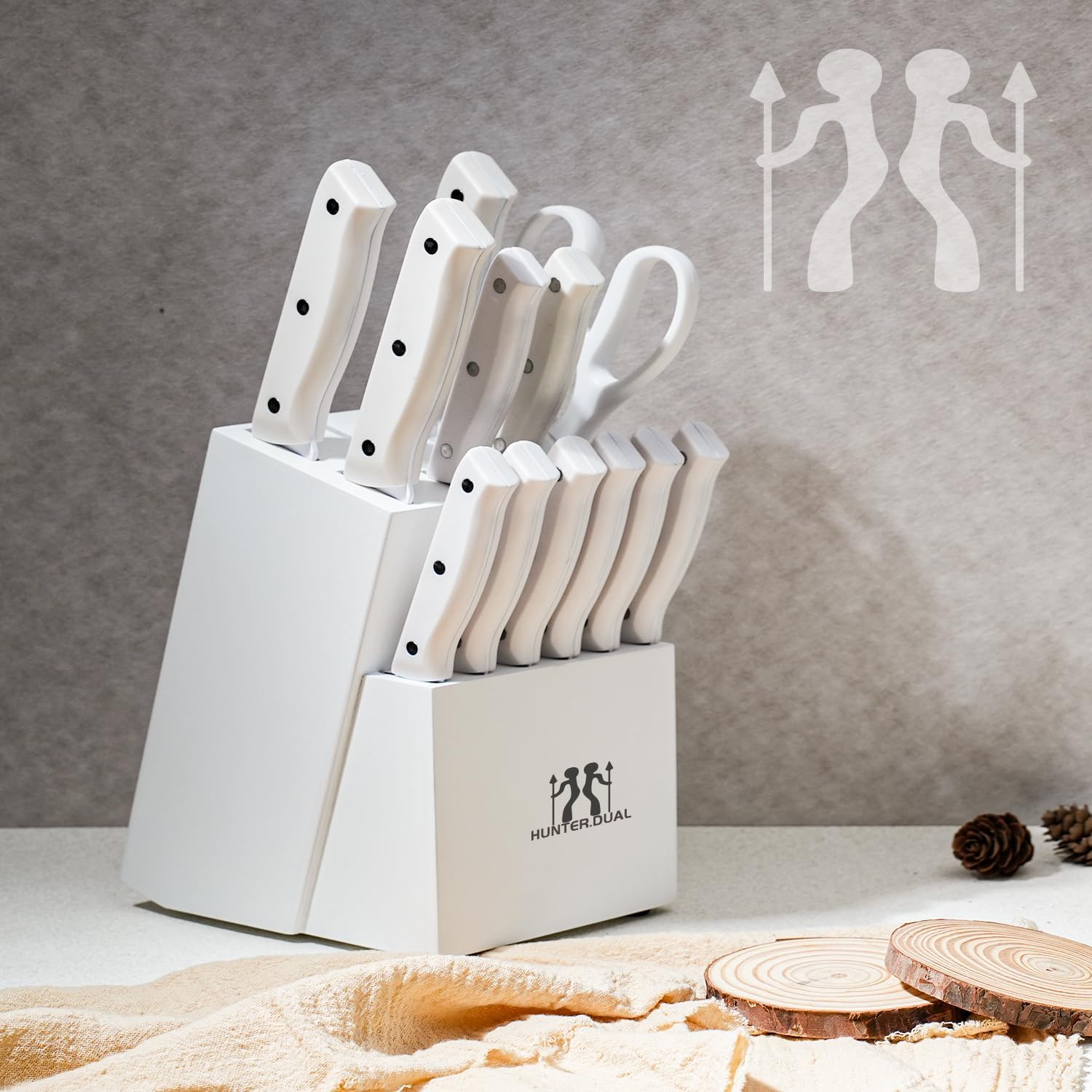 Knife Set, HUNTER.DUAL 15 Piece Kitchen Knife Set with Block and Built-in sharpener, Dishwasher Safe, Anti-slip Handle, White