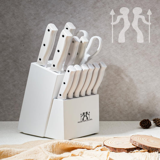 Knife Set, HUNTER.DUAL 15 Piece Kitchen Knife Set with Block and Built-in sharpener, Dishwasher Safe, Anti-slip Handle, White