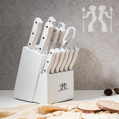 Knife Set, HUNTER.DUAL 15 Piece Kitchen Knife Set with Block and Built-in sharpener, Dishwasher Safe, Anti-slip Handle, White