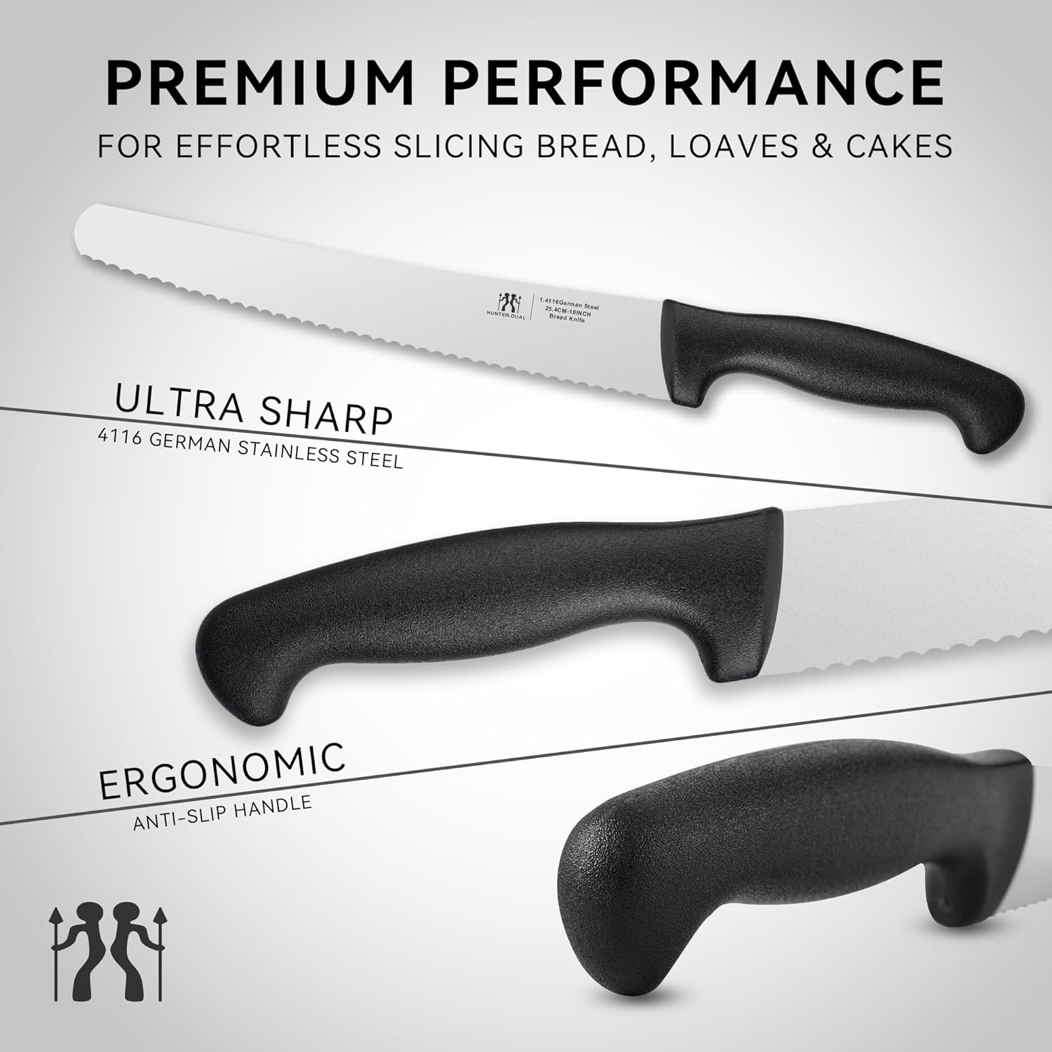 Bread Knife, 10 inch Serrated Sourdough Slicer Cutter for Homemade Bread, 1.4116 German Steel, Ergonomic Anti-slip Handle (Black, 10 inch)