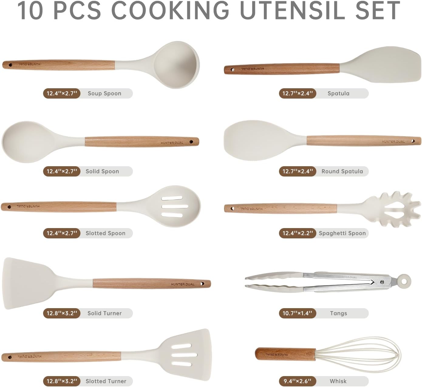 Silicone Cooking Utensils Set 10 Pcs - BPA Free Kitchen Utensil Set with Heat-Resistant Wood Handles, Non-Scratch Spatula Set Safe for Nonstick Cookware (White)