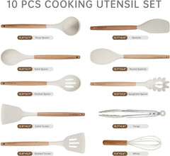 Silicone Cooking Utensils Set 10 Pcs - BPA Free Kitchen Utensil Set with Heat-Resistant Wood Handles, Non-Scratch Spatula Set Safe for Nonstick Cookware (White)