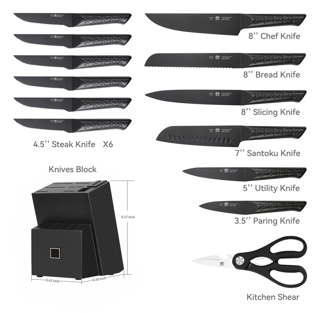 Knife Sets for Kitchen with Block, 15 Piece Knife Set with Built-in Sharpener, Dishwasher Safe, German Stainless Steel, Black