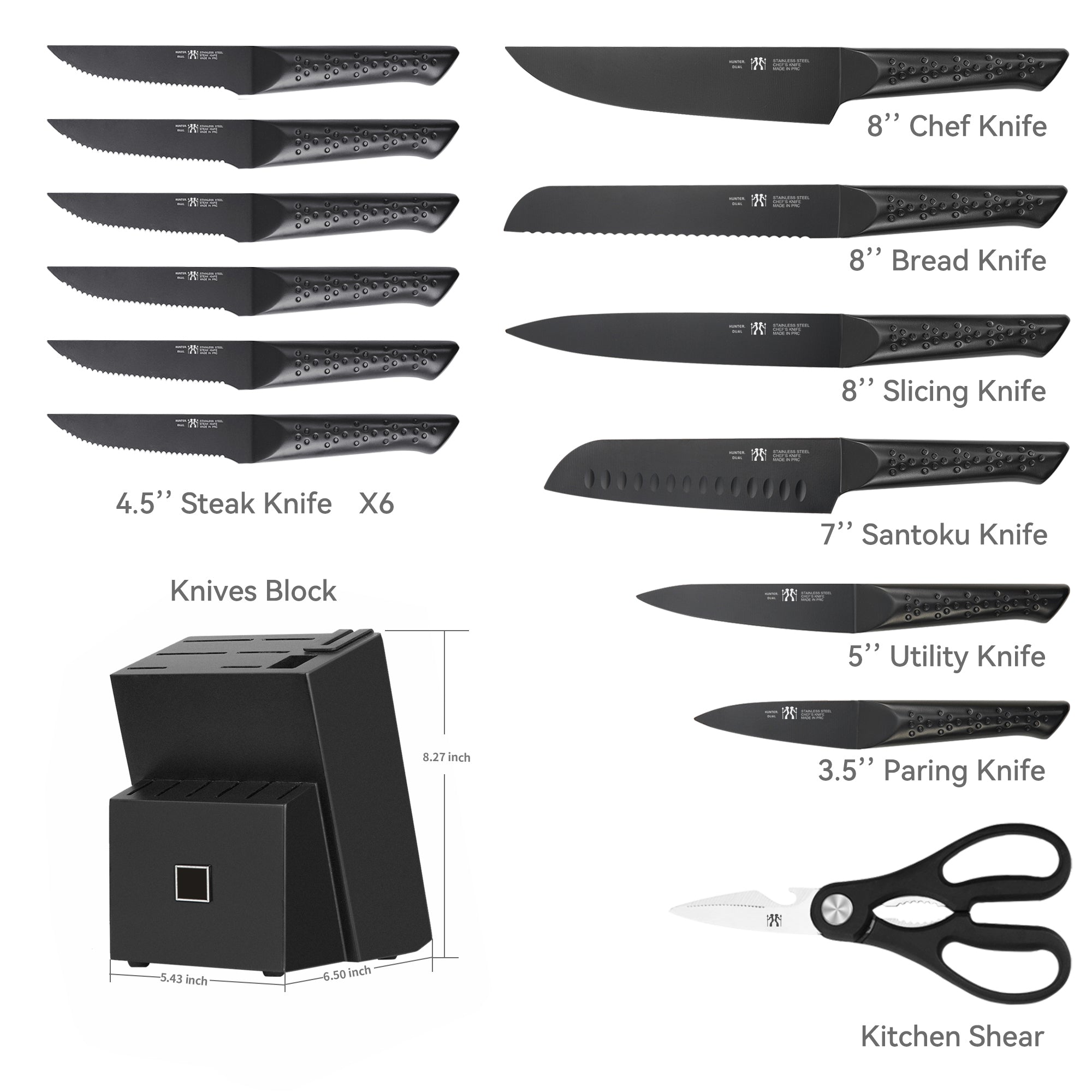 Knife Sets for Kitchen with Block, 15 Piece Knife Set with Built-in Sharpener, Dishwasher Safe, German Stainless Steel, Black