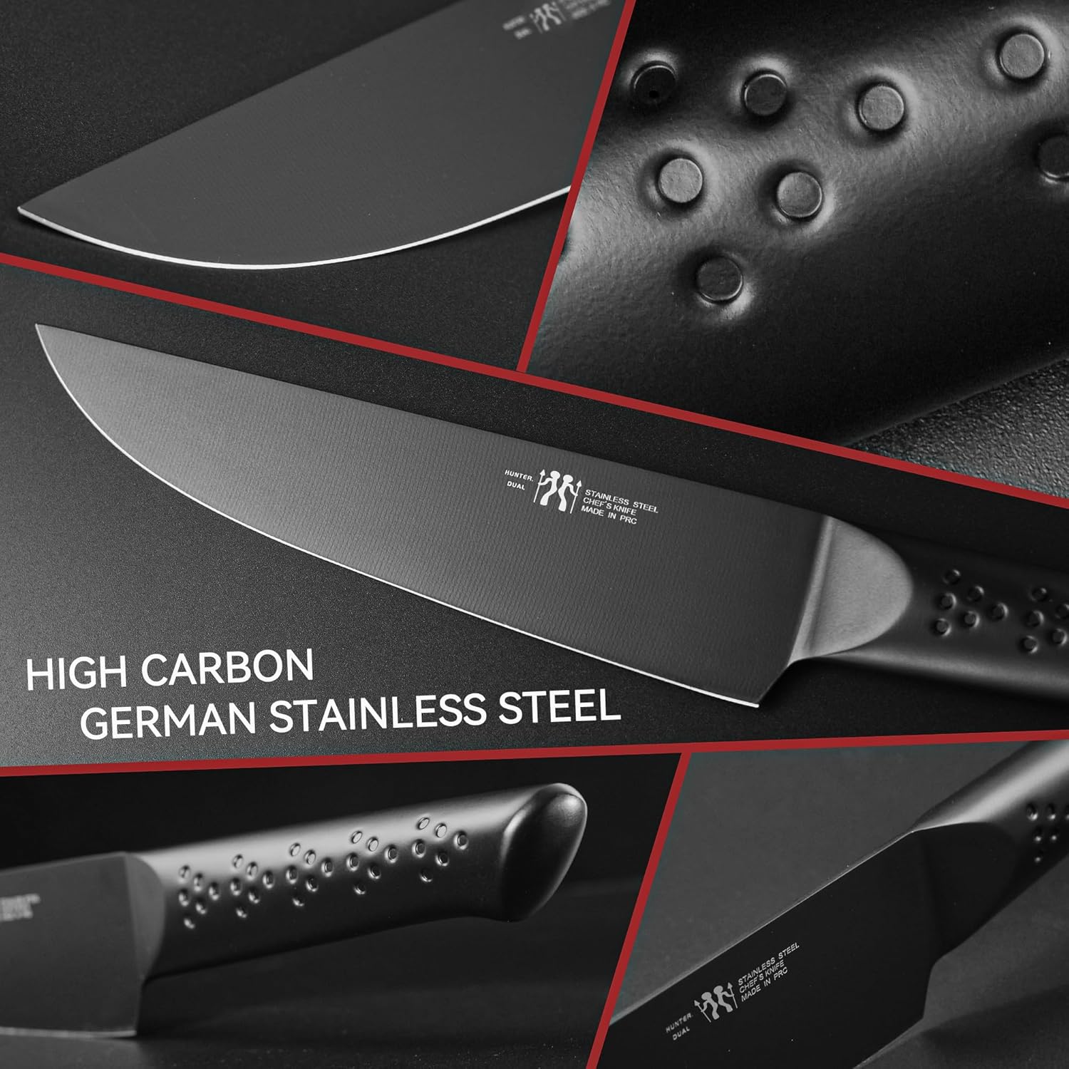 Knife Sets for Kitchen with Block, HUNTER.DUAL 15 Piece Knife Set with Built-in Sharpener, Dishwasher Safe, German Stainless Steel, Black