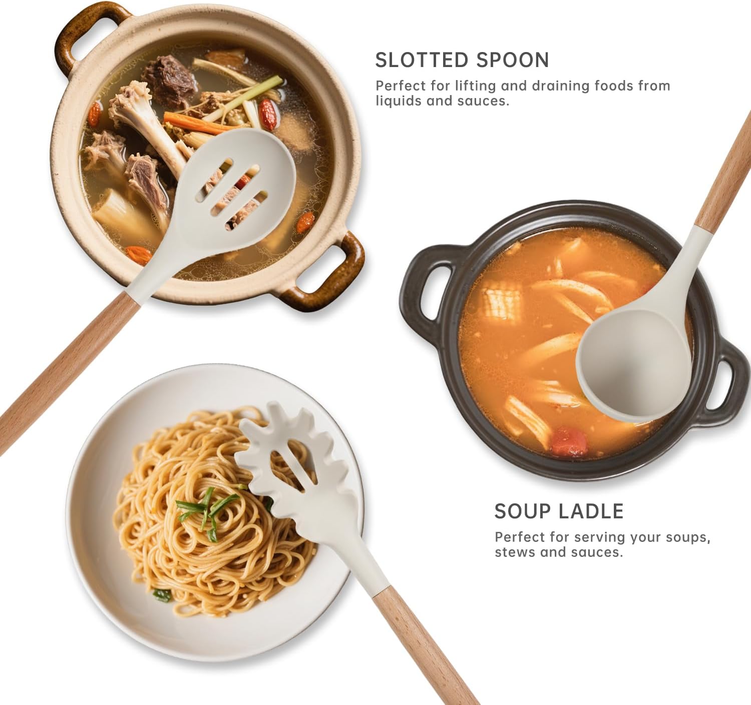 Silicone Cooking Utensils Set 10 Pcs - BPA Free Kitchen Utensil Set with Heat-Resistant Wood Handles, Non-Scratch Spatula Set Safe for Nonstick Cookware (White)