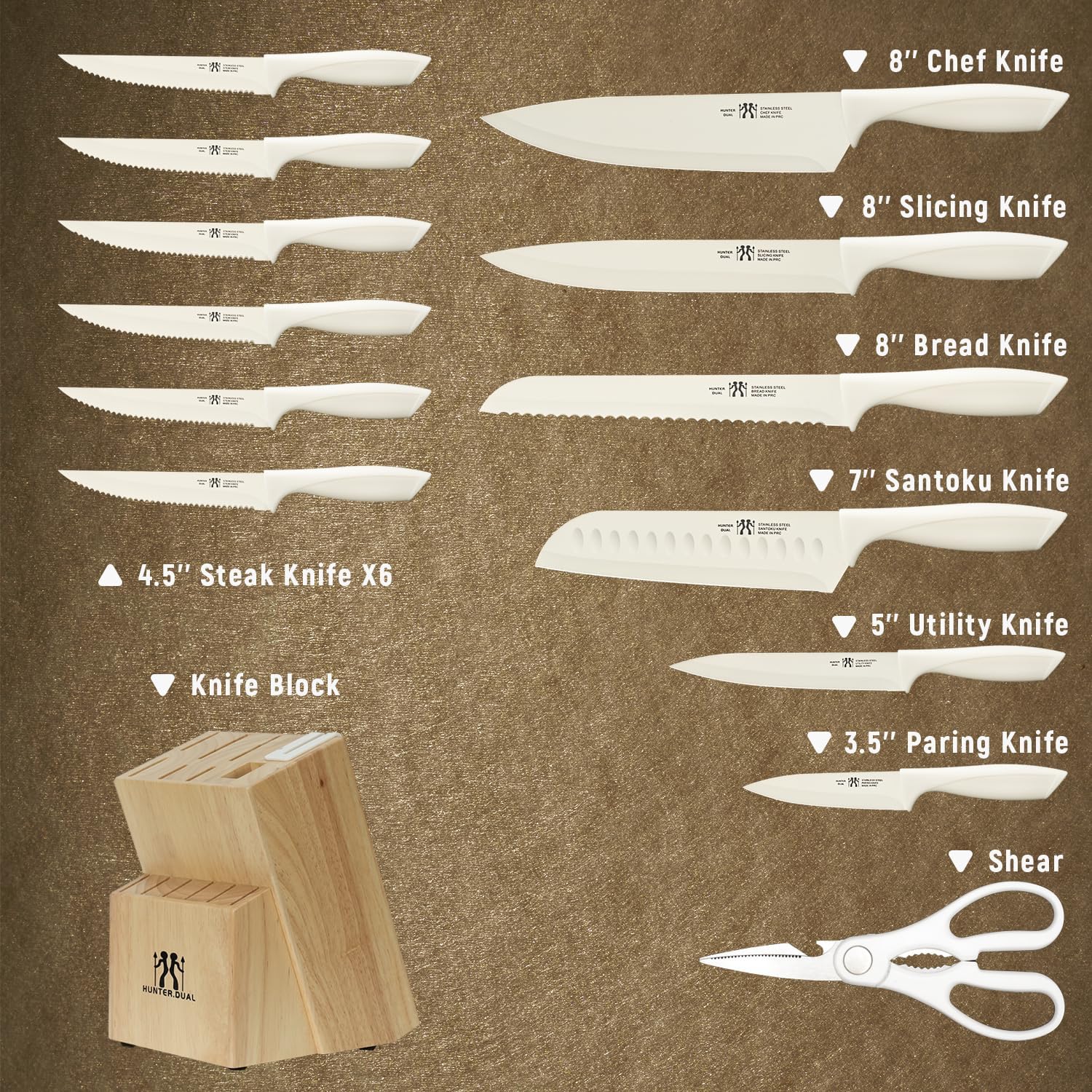 Knife Set, HUNTER.DUAL 15 Pcs Kitchen Knife Set with Block Self Sharpening, Dishwasher Safe, Anti-slip Handle (Beige)