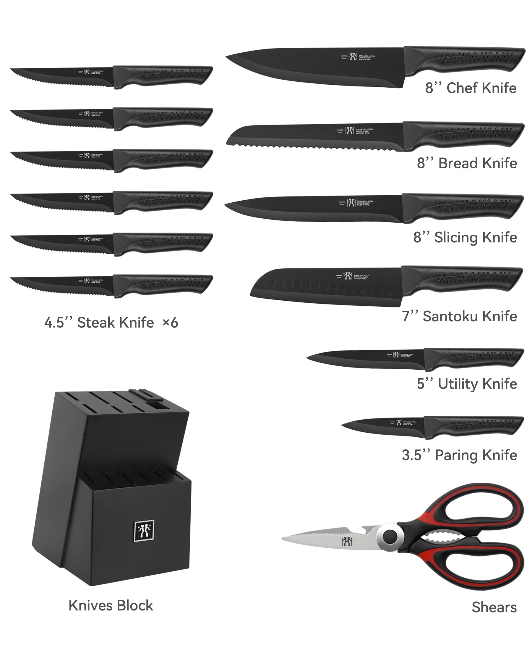 Knife Set, 15 Pcs Kitchen Knife Set with Block Self Sharpening, Dishwasher Safe, 6 Steak Knives, Anti-slip handle, Black