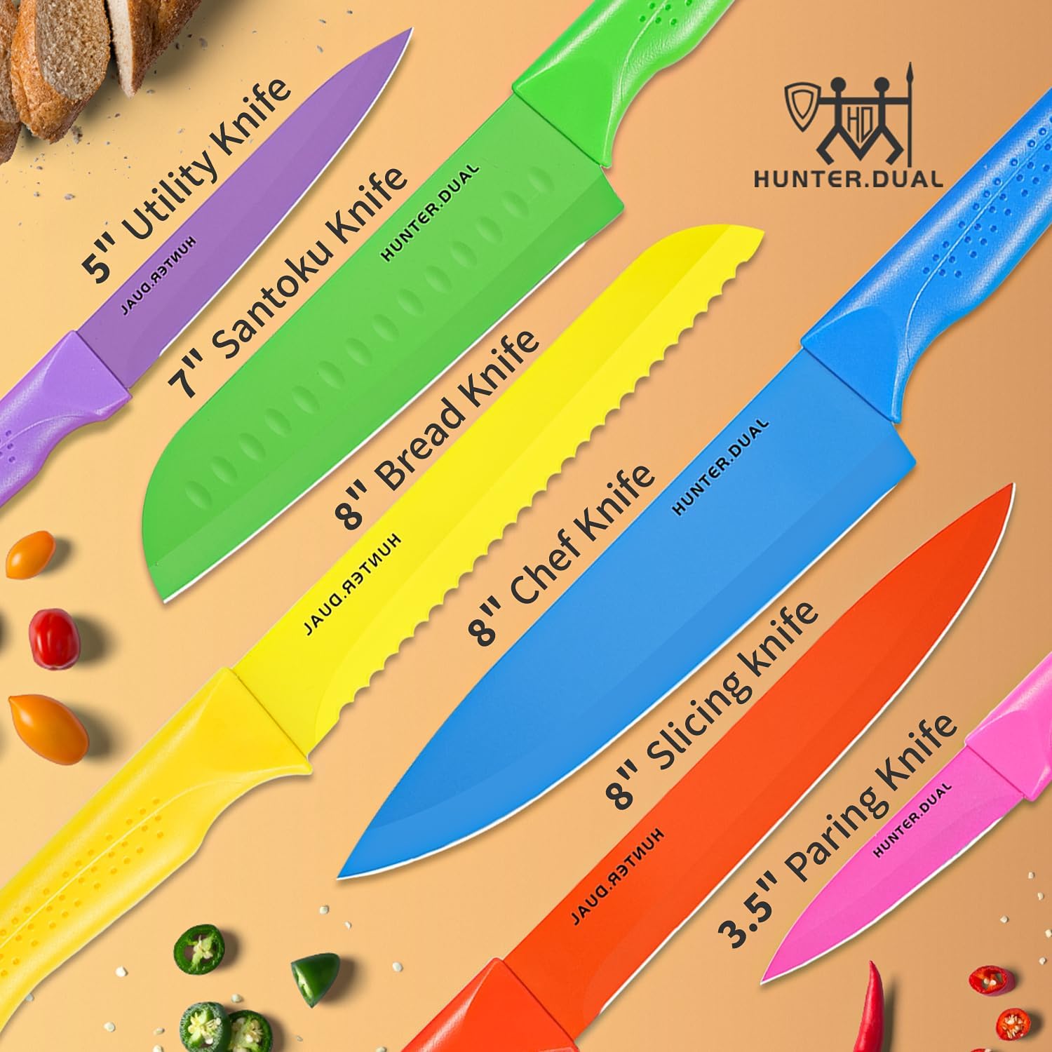 HUNTER.DUAL Knife Set, 12-PC Colorful Kitchen Knife Set, 6 Sharp Kitchen Knives with Built-in Sharpener Covers for Cooking, Cutting&Chopping (Multicolor)