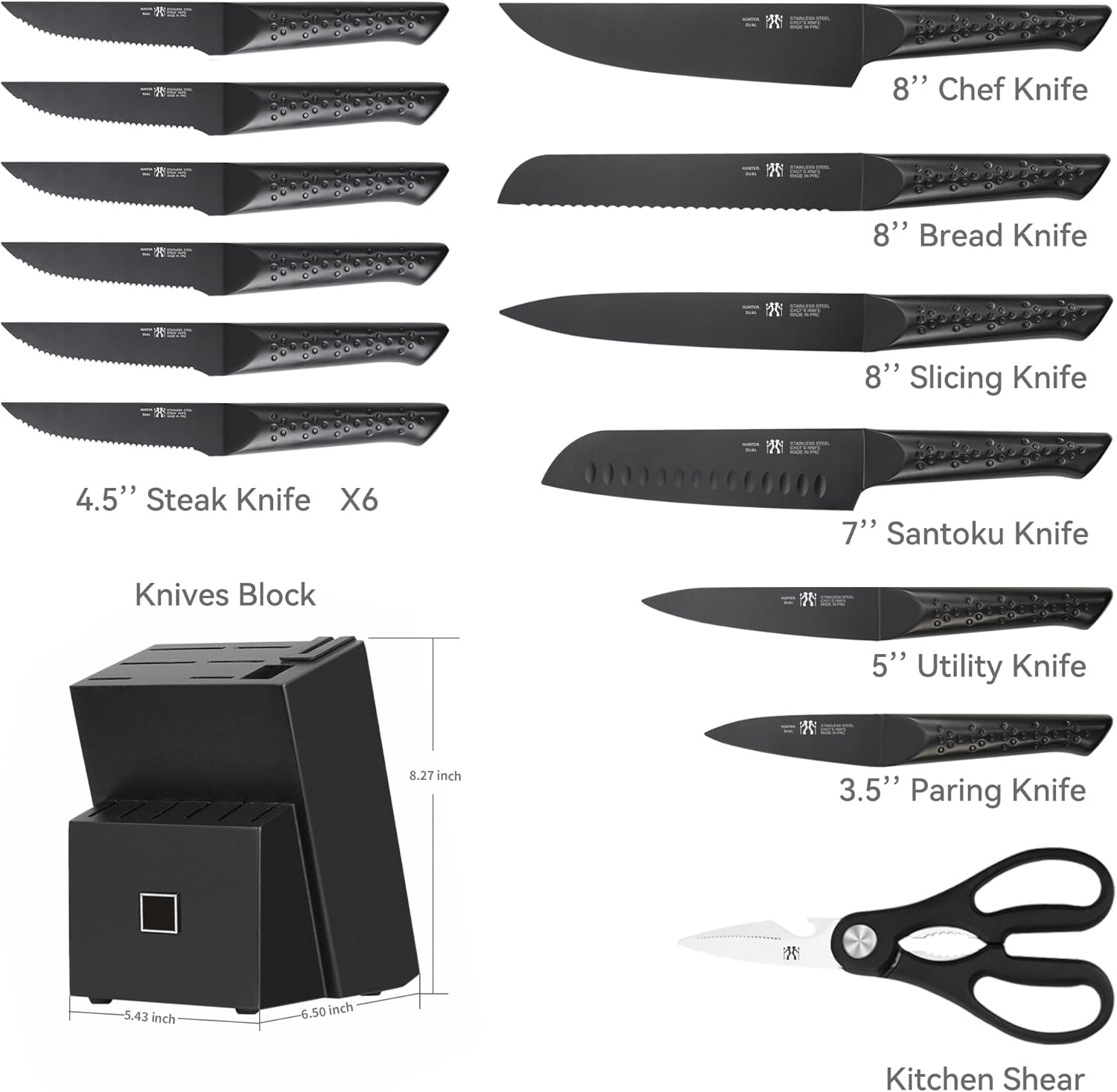 Knife Sets for Kitchen with Block, HUNTER.DUAL 15 Piece Knife Set with Built-in Sharpener, Dishwasher Safe, German Stainless Steel, Black