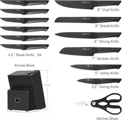 Knife Sets for Kitchen with Block, HUNTER.DUAL 15 Piece Knife Set with Built-in Sharpener, Dishwasher Safe, German Stainless Steel, Black