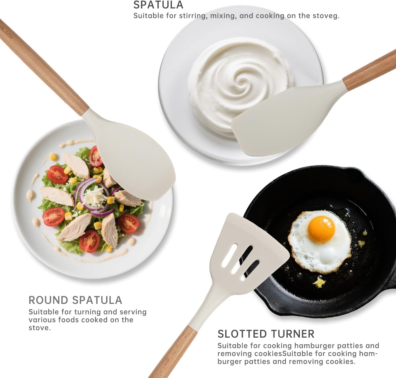 Silicone Cooking Utensils Set 10 Pcs - BPA Free Kitchen Utensil Set with Heat-Resistant Wood Handles, Non-Scratch Spatula Set Safe for Nonstick Cookware (White)