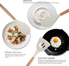 Silicone Cooking Utensils Set 10 Pcs - BPA Free Kitchen Utensil Set with Heat-Resistant Wood Handles, Non-Scratch Spatula Set Safe for Nonstick Cookware (White)