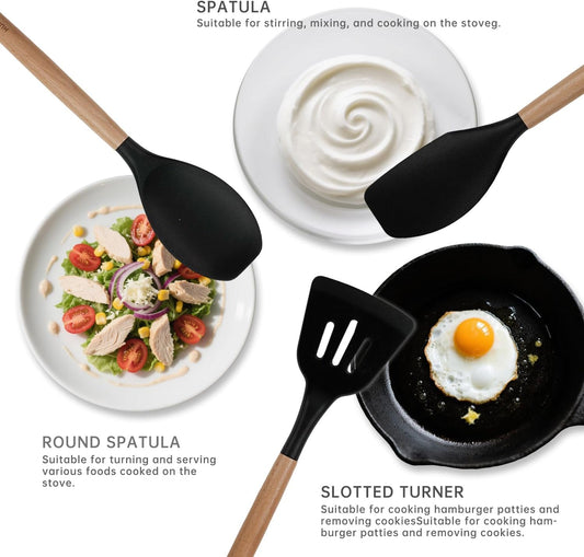 Silicone Cooking Utensils Set 10 Pcs - BPA Free Kitchen Utensil Set with Heat-Resistant Wood Handles, Non-Scratch Spatula Set Safe for Nonstick Cookware (White)