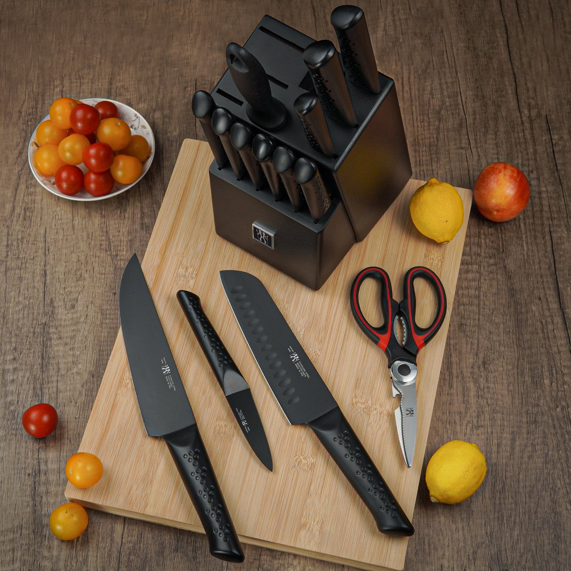 Knife Sets for Kitchen with Block, 15 Piece Knife Set with Built-in Sharpener, Dishwasher Safe, German Stainless Steel, Black
