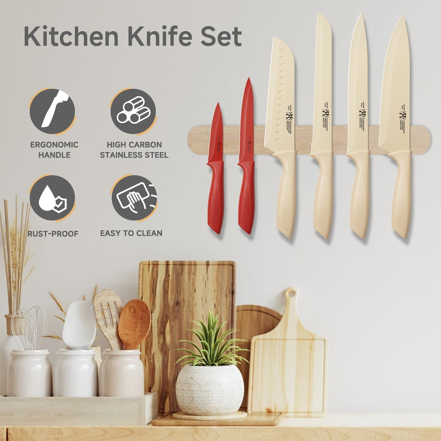 Knife Set, 12-PC Colorful Kitchen Knife Set, 6 Sharp Kitchen Knives with Covers for Cooking, Cutting&Chopping (Beige)