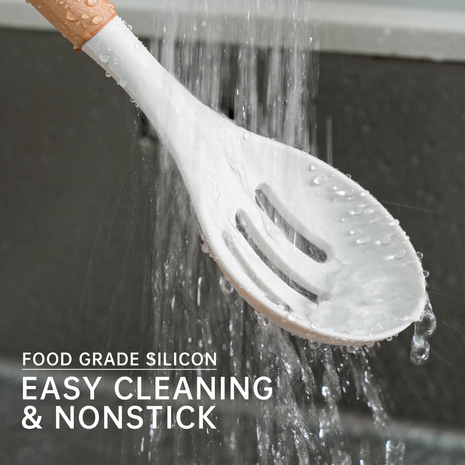 Silicone Cooking Utensils Set 10 Pcs - BPA Free Kitchen Utensil Set with Heat-Resistant Wood Handles, Non-Scratch Spatula Set Safe for Nonstick Cookware (White)