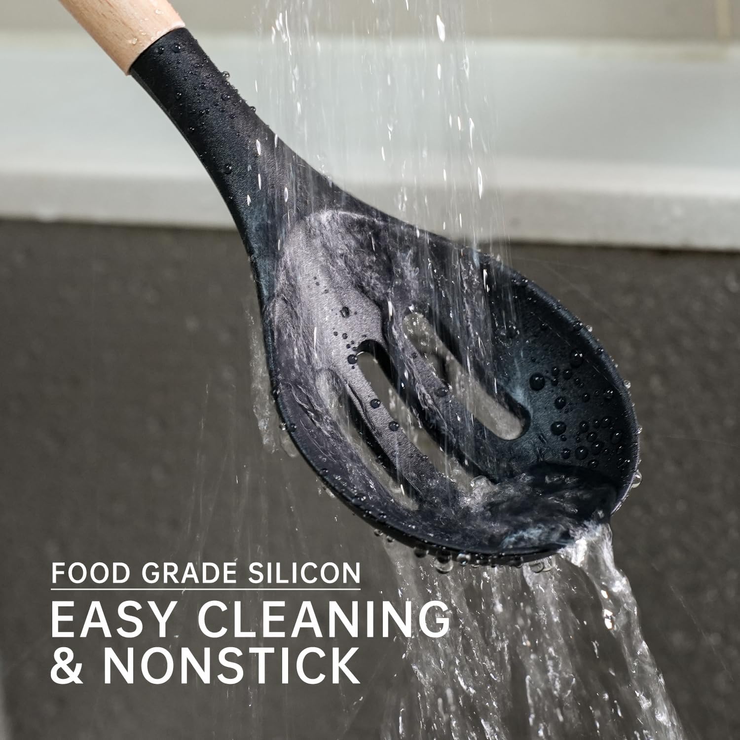 Silicone Cooking Utensils Set 10 Pcs - BPA Free Kitchen Utensil Set with Heat-Resistant Wood Handles, Non-Scratch Spatula Set Safe for Nonstick Cookware (Black)